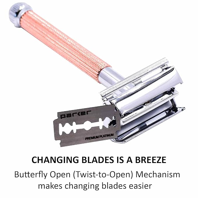 Parker 29L Rose Gold Long Handle Butterfly Open Double Edge Safety Razor for Men &amp Women 5 Parker Premium Platinum Double Edge Razor Blades Included