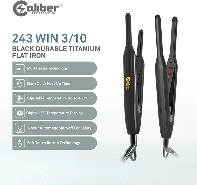Caliber .243 Win Professional Hair Flat Iron 3/10 Inch Titanium Plates Digital Temperature Control Black