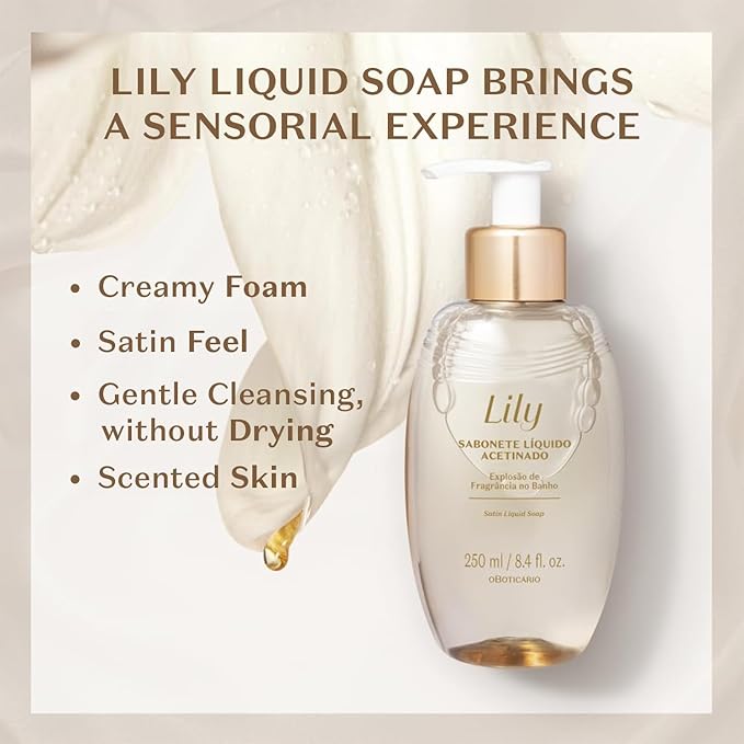 O Boticário Lily Satin Body Wash Sophisticated Bath &amp Shower Gel Soap for Luxurious Soft Skin Lily Fragrance Scented 8.4 Ounce (250ml)