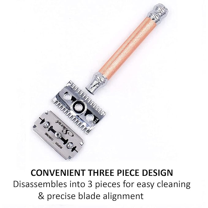 Parker Open Comb Double Edge Safety Razor – Heavyweight Chrome Handle for Closer Shaves – Includes 5 Razor Blades – Ideal for Men or Women (Rose Gold)