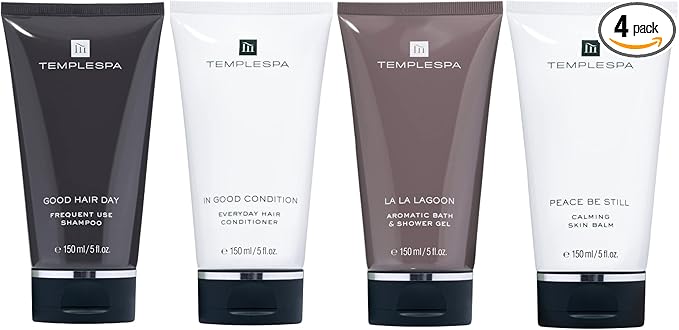 TEMPLESPA | TOP TO TOE SPA | Luxury Shower Gel Shampoo Conditioner and Calming Skin Balm Moisturiser Natural Ingredients Vegan 4 x 5 fl.oz.