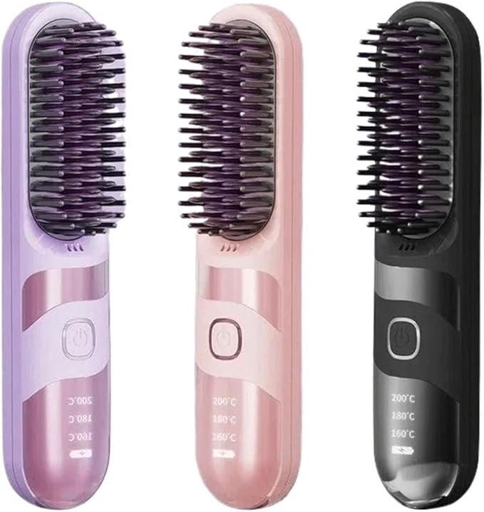 Portable Cordless Hair Straightener Brush - Mini Ionic Hot Comb for Women Travel-Friendly Design with Fast Charging(Purple)