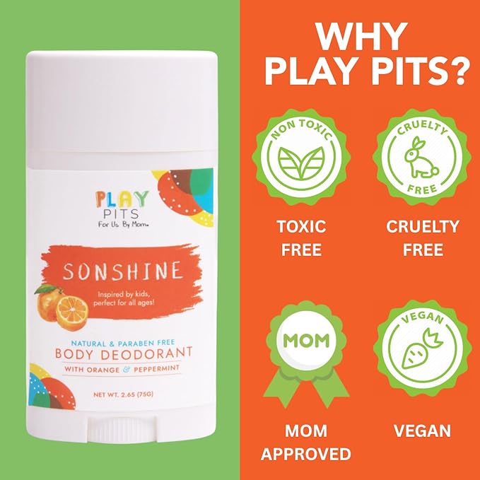 PLAY PITS - Kids Deodorant for Girls &amp Boys - Natural - Aluminum-Salt Free - Safe for Sensitive Skin - Variety Pack - SUGA SONSHINE &amp HAPPY – Clean Non-Toxic &amp Paraben Free - 2.65oz -