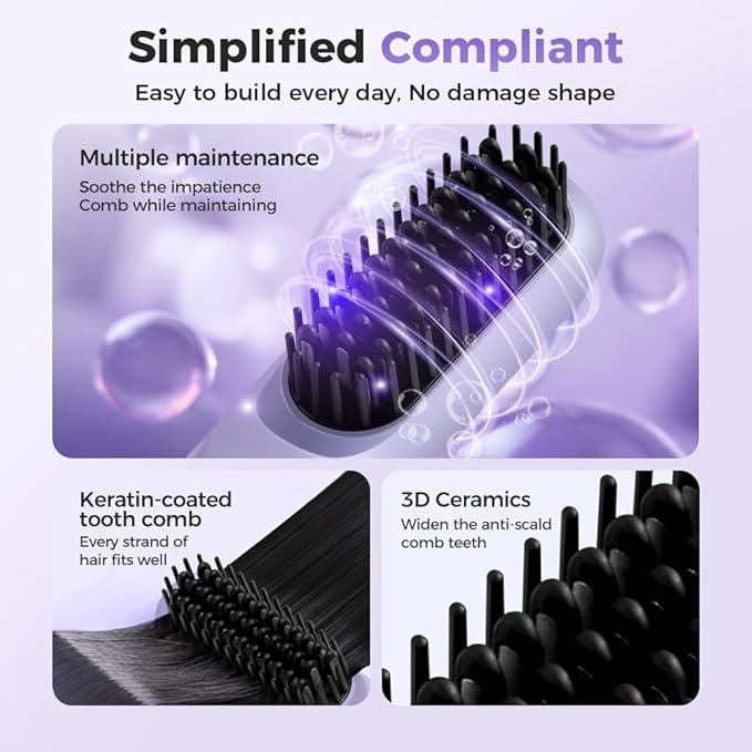 Hair Straightener Brush Rechargeabl Fast Heating Hair Straightener Comb with 3 Temperature &amp LED Display Mini Hair Brush Travel Accessories Beauty (Purple)