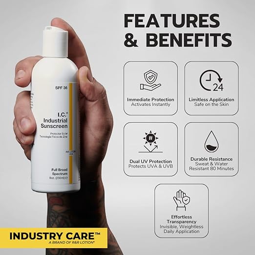 I.C. Industrial Sunscreen Mineral Based SPF 36 Physical Zinc Protection Full Broad Spectrum 80 Minute Sweat &amp Water Resistant Heat Stress Anti-Inflammatory Properties. USA 8oz Bottle (ISSC-8)