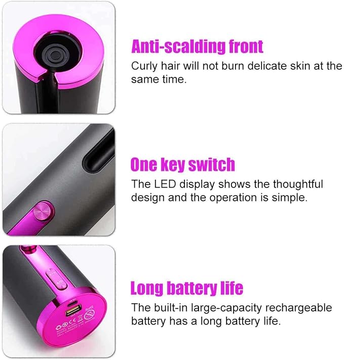 Automatic Curling Iron Hair Curling Iron for Hair Styling Cordless Auto Hair Curler with 6 Temps and Timers Auto Shut-Off Fast Heating Rechargeable Cordless Hair Curler (Black)
