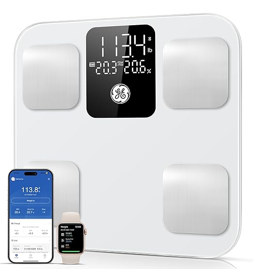 GE Smart Scale for Body Weight: Body Fat BMI Digital Bathroom Scale - 14 Body Composition Analyzer Health Monitor Highly Accurate Bluetooth Weighing Scale with App 400 lb 11 Inch
