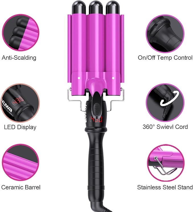 1 Inch Three Barrel Curling IronFast Heating Hair Crimper for WomenCrimper Hair Tool with LCD Temperature Display60 Min Auto-Off Hair WaverDual Voltage WaverHair Tool