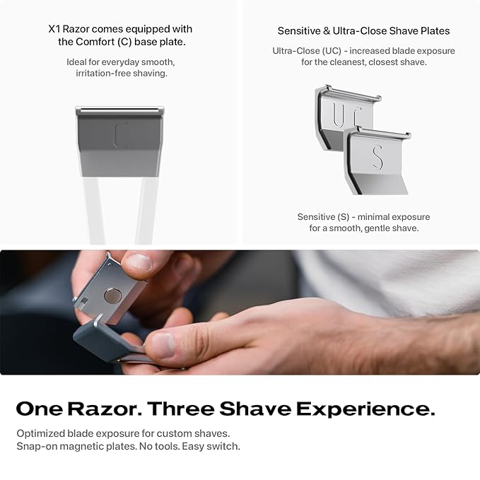 HYPE X1 Single Edge Aluminum Safety Razor Full Set - Ergonomic V-Shaped Design with 3 Customizeble Shave Settings 20 Non-Proprietary Blades Shaving Brush &amp Stand - Silver