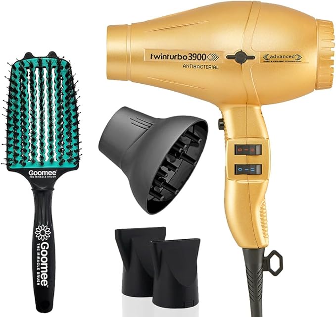Turbo Power Twin Turbo 3900 Advanced Ionic &amp Ceramic Gold Hair Dryer with Miracle Large Detangling Brush Mint Green – Eco-Friendly Blow Dryer and Dual Bristle Brush for Smooth Frizz-Free Shiny H