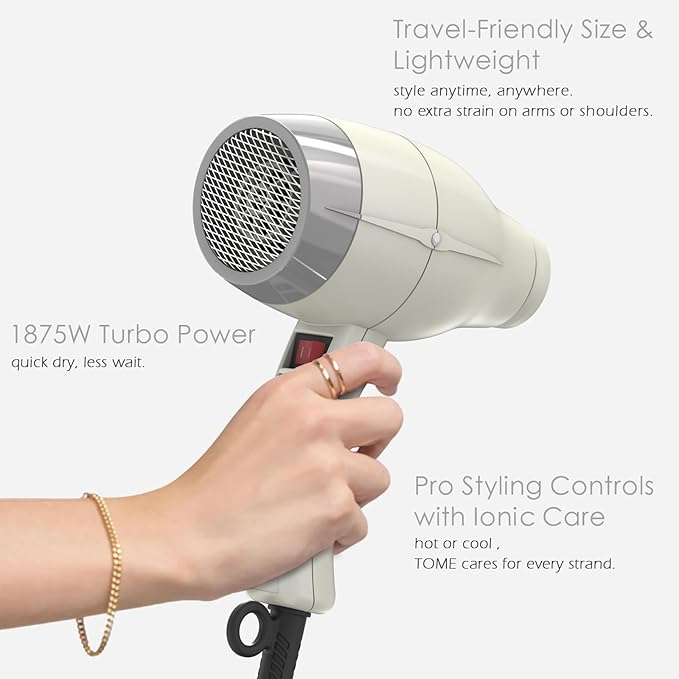 TOME Hair Dryer with Diffuser 1875W Ionic Blow Dryer with Comb Attachment and Concentrator for Home Use Fast Drying with Cool Shot and 2 Heat &amp 2 Speed Settings 125V White