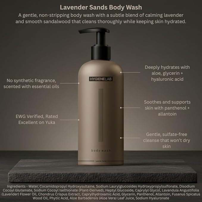 HygieneLab Mens Natural Body Wash - Ultra Hydrating EWG Verified Clean Formula Lavender Sands Scent Sulfate-Free Paraben-Free Phthalates-Free Gentle &amp Effective for Healthy Skin (10 oz)