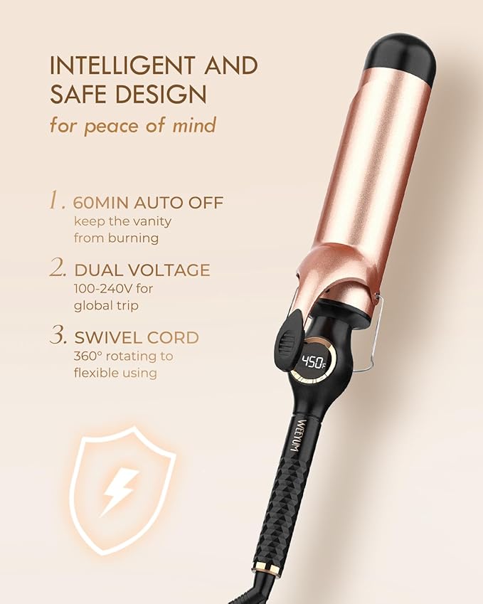 Large Curling Iron 2 Inch Ceramic Long Barrel Hair Curling Wand Hair Styling Tool Dual Voltage LCD Display Black