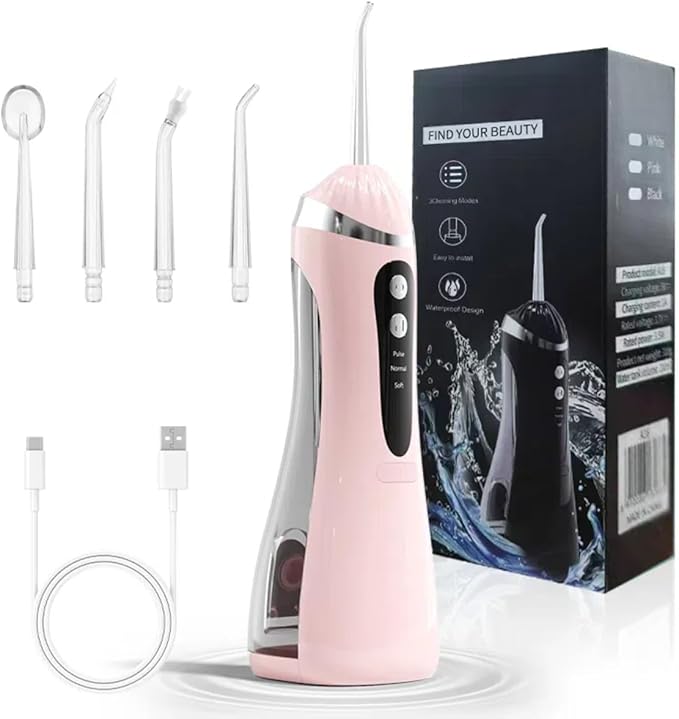Portable Water Flosser for TeethCordless Oral Irrigator with 4 TipsTravel Water Teeth Cleaner with for Office Daily Use (Pink)