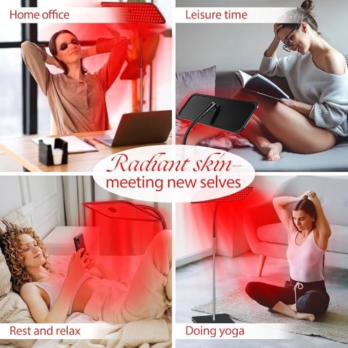 Body and Facial red Light Therapy 660nm 850nm Infrared red Light Treatment lamp Equipment extendable Floor-Standing Type with a Large Panel and a Stable Stand at Home.
