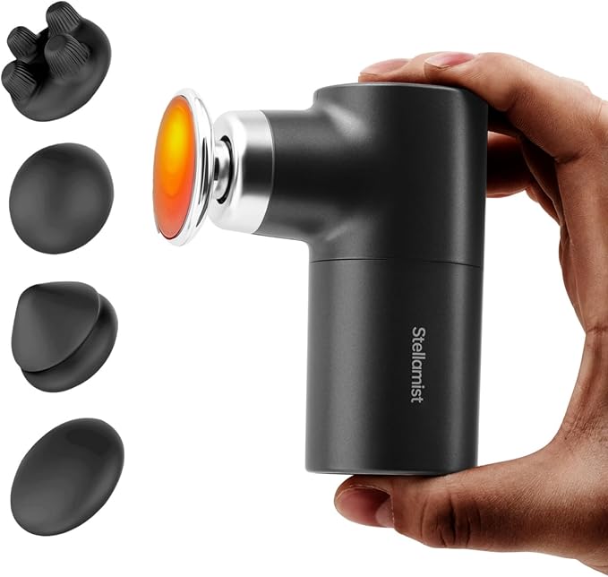 Mini Thermal Massage Gun with Heat Portable Hand Held Massager Gun with Heat Portable Percussion Muscle Massager with 4 Massage Heads for for Dad Office Home Athletes