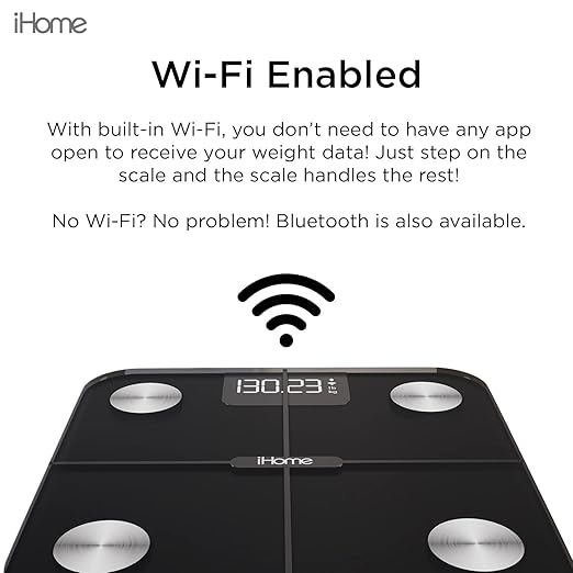 iHome Digital WiFi Smart Scale for Body Weight Weight Scale Including BMI Body Fat Muscle Mass Batteries Included (Black Smart WiFi)