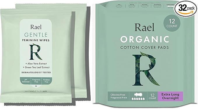 Rael Bundle - Flushable Feminine Wipes (10 Count Pack of 2) and Organic Cotton Cover Pads Extra Long Overnight (12 Count)
