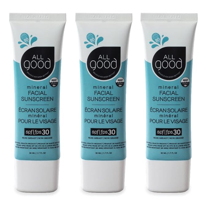 All Good Facial Mineral Sunscreen Lotion SPF 30 | Daily Face Moisturizer Nourishing Botanicals Hyaluronic Acid Green Tea Aloe Calendula Raspberry Seed Oil | 1.7oz (3-Pack)