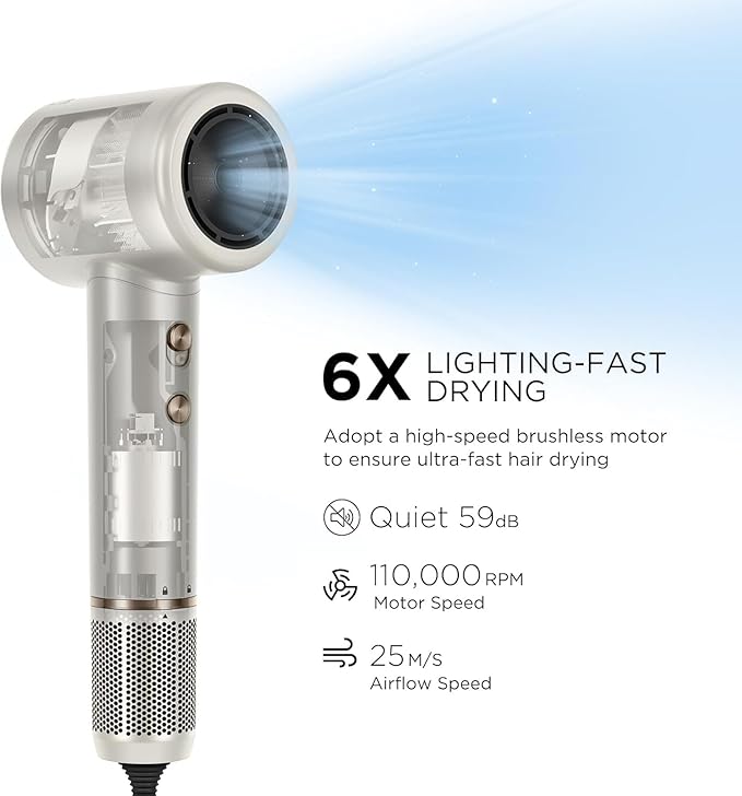 Hair Dryer PARWIN PRO BEAUTY Fast Drying Blow Dryer with Diffuser 110000 RPM High Speed Hair Dryer with Display 200 Million Negative Ions for Frizz Smoothing 2 Speeds &amp 3 Temps Champagne Sil