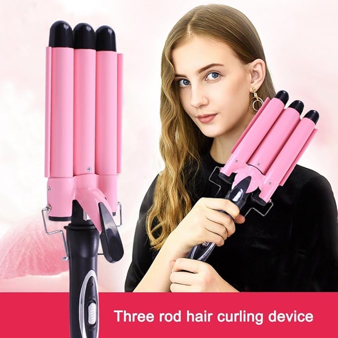 Hair Curling Iron Portable Temperature Adjustable 3 Barrels Ceramic Iron Wand Curler DIY Curly Hair Styling Tools (25mm)