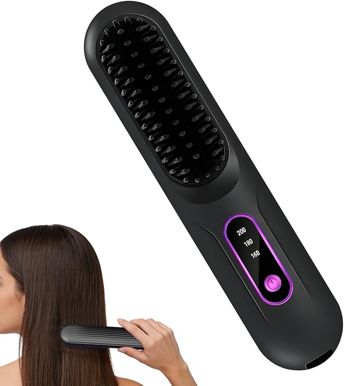 Cordless Hair Straightener Brush - 3-Temp LCD Display Styling Comb Hot Heating with Ceramic Plates Portable Design with Anti-Scald Straightening Tool Travel Size Beauty for Women Girls