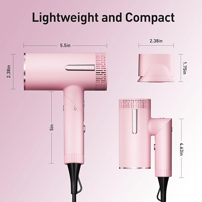 Hair Dryer High-Speed Ionic Blow Dryer Powerful 1600 Watt Motor for Fast Drying and Straight &amp Wavy Hair Foldable Lightweight Hairdryer with Magnetic Suction Nozzle for Home Salon Travel