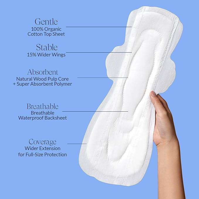 100% Organic Super Long Overnight Pads with Wings Extra Heavy Sanitary Pad for Women Ultimate Absorbency Ultra Thin Extra Coverage Cotton Period Menstrual Pads (Extra Long Overnight Size 6 30ct)