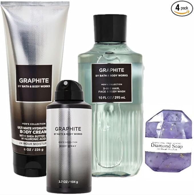 White Barn - Bath &amp Body Works - Men's Collection - 3 Piece Bundle - Spray - Body Cream - Shower Gel and Diamond Soap Soap (Graphite) Beige