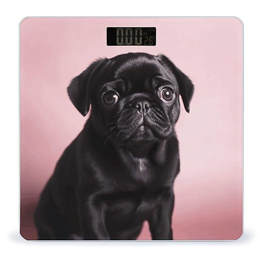 Cute Black Pug Weight Scale Large Bathroom Scales Digital Weight with Bright LED Display Non Slip Automatic Weighing Scale Fashion Weighing Machine for Body