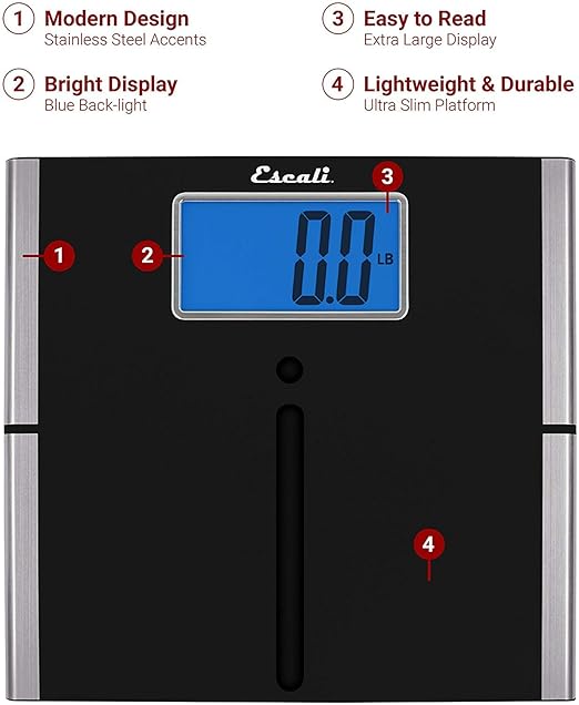 Escali Ultra Slim Easy Read Digital Bathroom Scale for Body Weight with Extra Large Display and High Capacity of 440 lb Batteries Included