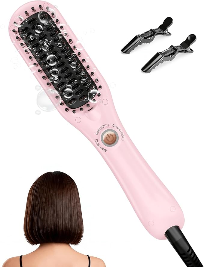 LANDOT Mini Hair Straightening Brush - Compact Ionic Straightening Brush for Frizz-Free Smooth Hair Lightweight Hot Comb &amp Travel-Friendly Flat Iron Blush