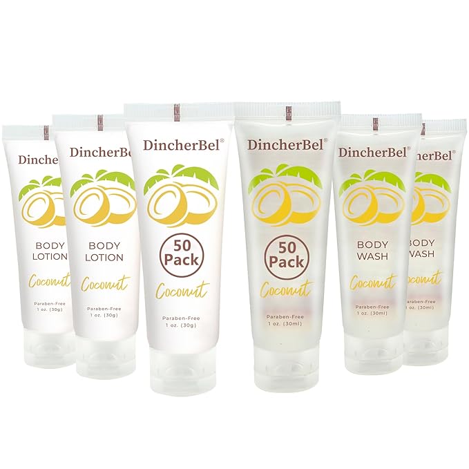 DincherBel Travel Size Body Wash and Body Lotion - Bulk Hotel Toiletries Supplies for Guests - Refreshing Tropical Coconut Scent Shower Gel and Body Cream for Men &amp Women (1 Fl Oz 100 Pack)
