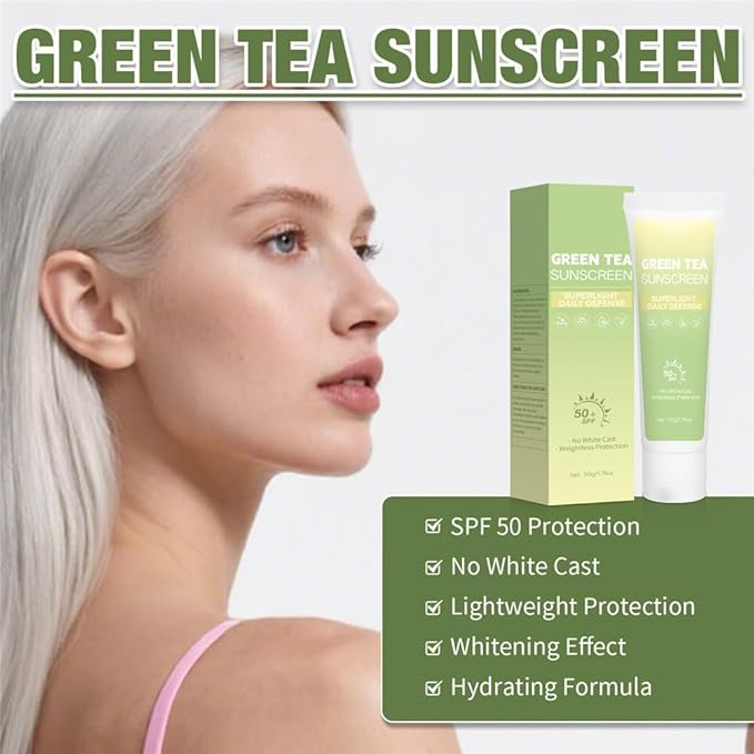 2PCS Green Tea Sunscreen for Face SPF 50 Facial Sunscreen Non-Greasy &amp No White cast Lightweight Hydrating