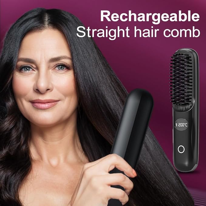 Portable Straightener Brush for Travel USB Rechargeabl Fast Heating Hair Straightener Comb with 3 Temperature &amp LED Display Women Travel Essentials (Black)