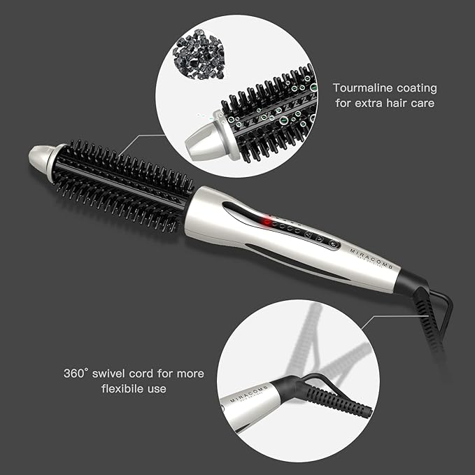 MIRACOMB Professional Hair Curler Straightening Brush | Ceramic Heated Round Brush | 1 Comb Flat Iron Straightener | Anti-Frizz Curl Wand Iron Roller with 5 Heat Settings Cool Touch Auto off White