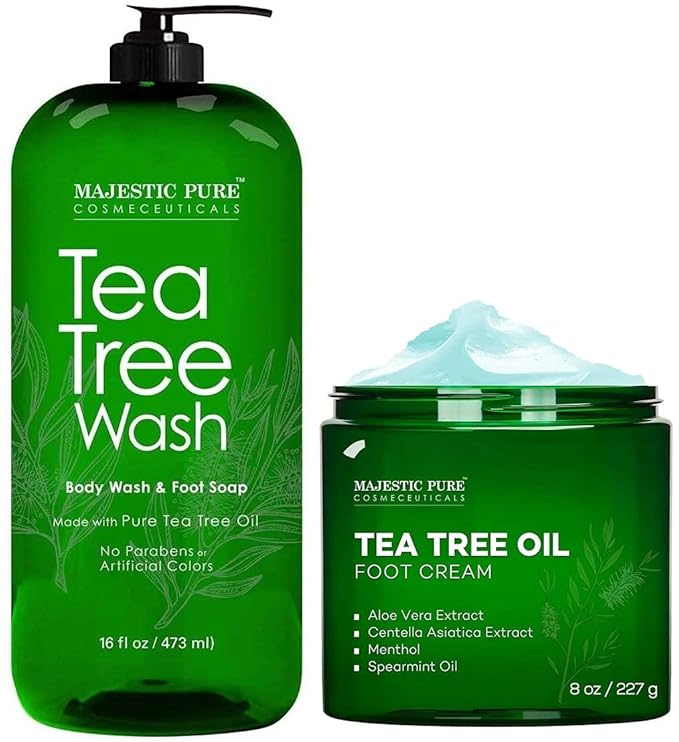 MAJESTIC PURE Tea Tree Body Wash and Tea Tree Athletes Foot Cream Bundle