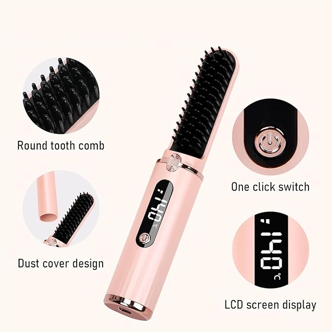 Cordless Hair Straightener Brush USB Rechargeable Portable Travel Hair Straightener with LED Display Screen 3-Speed Temperature Adjustable and Fast Heating Function for Travel Home