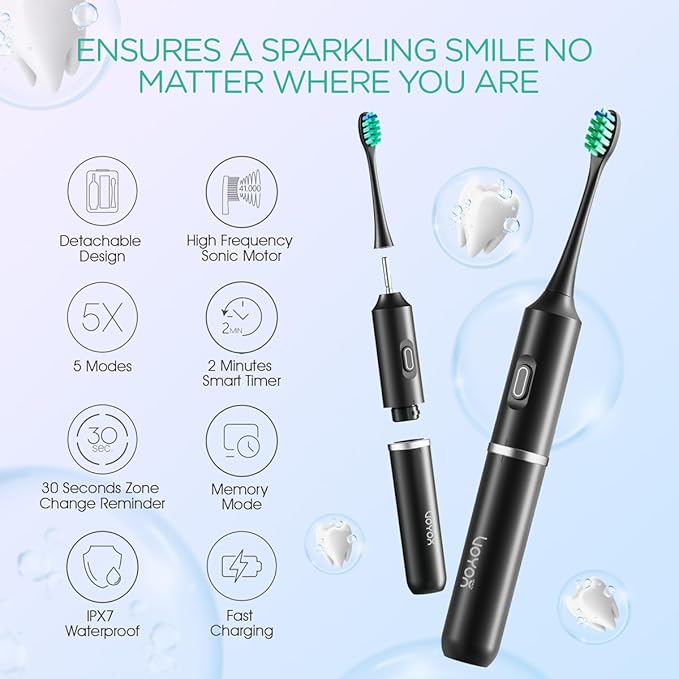 VOYOR-Health Travel Electric Toothbrush Rechargeable Toothbrushes for Adults Portable Sonic Toothbrush with 5 Modes Three-Section Detachable Design with Travel Case ET410 (Black)