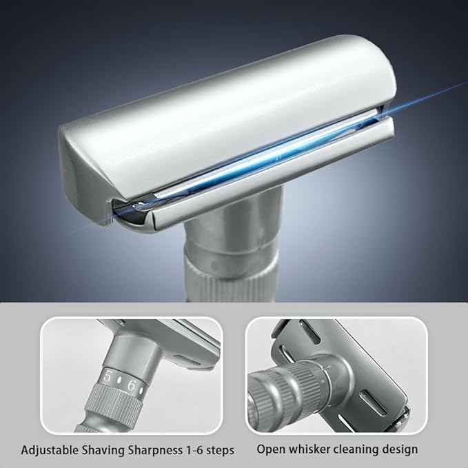 Adjustable double-edged safety razor with 10 platinum-plated stainless steel razor blades + optional stand + complimentary holster reusable razor smooth close shave (Silver + base + holster)