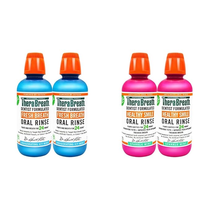 TheraBreath Fresh Breath Oral Rinse ICY Mint 16 Ounce Bottle (Pack of 2) and 24 Hour Healthy Smile Dentist Formulated Oral Rinse 16 Ounce (Pack of 2)