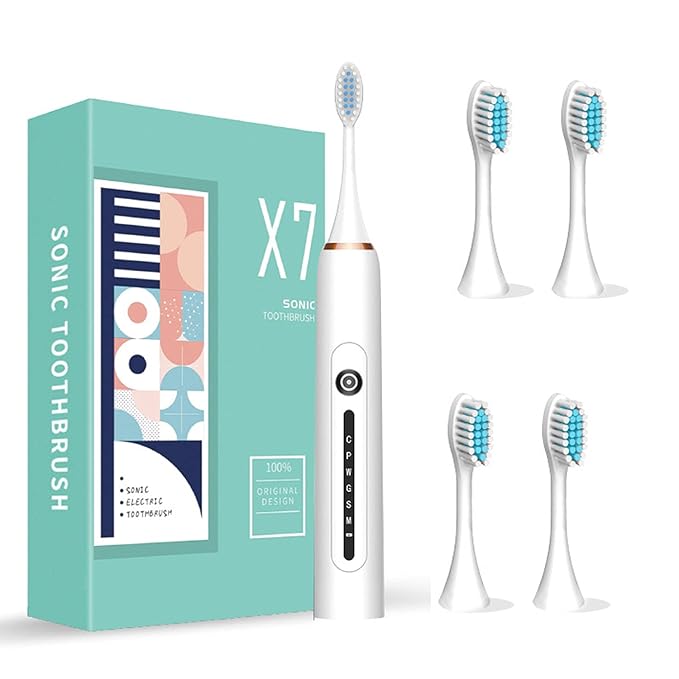 Sonic Electric Toothbrush Low Noise Designed Ideal for Adults Kids 6 Optional Modes IPX7 USB Fast Charging Electric Ultrasonic Toothbrush with 2 min Build in Timer &amp 4 Replacement Brush Heads (Wh