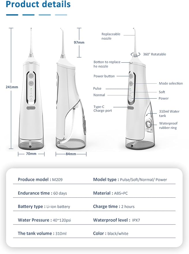 USB Rechargeable 4 Speed Water Flosser Removes Tartar Stains Teeth Cleaning Tool Portable Teeth Cleaner for Home Traveling