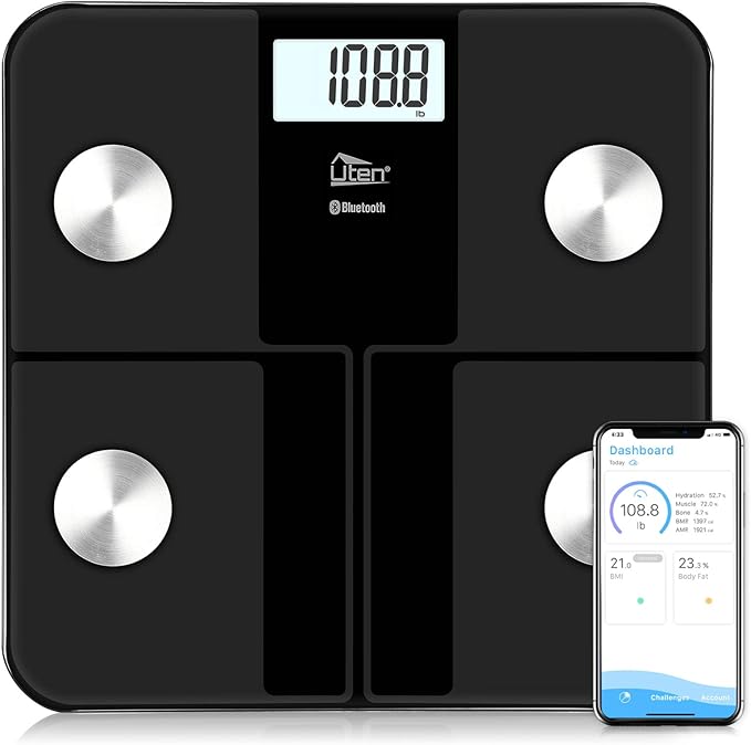 Uten Smart Scale for Body Weight Digital Bathroom Weighing Wireless Scales with Body Fat and Water Weight for People Bluetooth BMI Electronic Body Analyzer Machine with Smartphone App 400lb Black