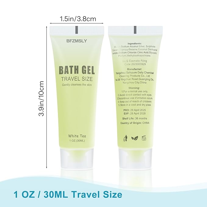 50 Pack Bulk Travel Size Body Wash 1oz Tubes White Tea Scent Mini Shower Gel for Hotel Guests TSA Approved Toiletries Individually Sealed for Airbnb Vacation Rentals