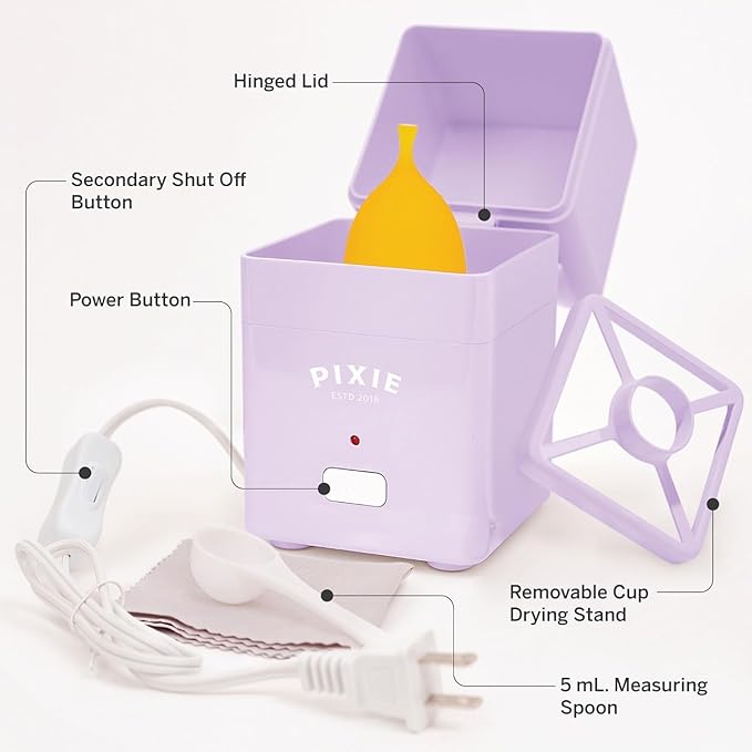 Pixie Menstrual Cup Sterilizer for Feminine Care - Ranked 1 for The Best Steamer - Kills 99.9% of Germs with Steam - Wash Your Period Disc or Cup in 3 Minutes! - Automatic Timing Shut-Off Switch