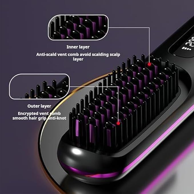 2026 New Brush Pro Portable Straightener Brush for Travel with LCD Temperature Display Fast Heating Cordless Mini Hair Brushs (Purple)