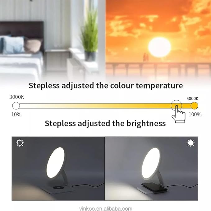 LED Happy Mood LampsLight Therapy Sun Lamp with Wireless Charging Stepless Dimming and 6-Speed Timing2700-5000K Color Temperature for Christmas New Year Birthday Gift