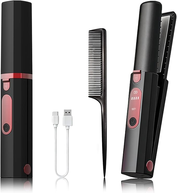 Portable Hair Straightener and Curler 2 in 1 Cordless Flat Iron Mini Cordless Hair Straightener with USB Charging Ceramic Curling Iron Cordless for Travel for Thin Hair Bangs &amp Edges Black