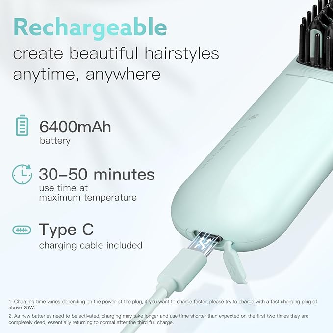Cordless Hair Straightener Brush - Webeauty Portable On-The-Go Straightener for Women | USB Rechargeable Fast Heating 200M Negative Ions 6400mAh Perfect for Daily Commute &amp Short Trips (Ice Bl